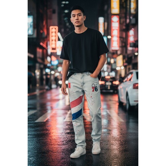 Fislil Denim Jeans Men’s 34x32 Beige Red White Blue 76 Patchwork Paint Splatter - Picture 1 of 8